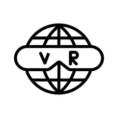 VR line icon. Arrow, loop, globe, glasses, angle, tilt, rotate, movies, games, 360°, glasses, lenses, volume, entertainment, graphics. technology concept. Vector black line icon on a white background