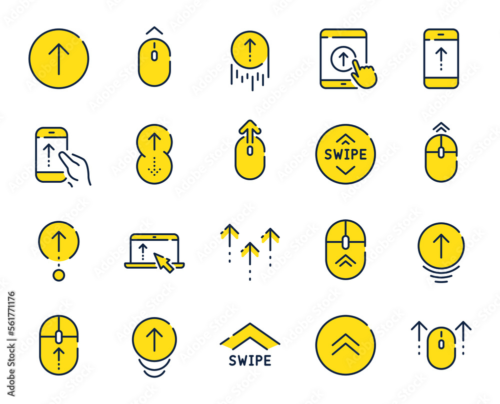 Poster swipe up line icons. scrolling mouse, landing page swipe signs. scroll up mobile device technology i