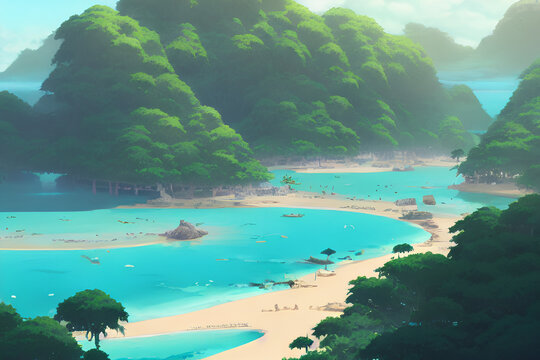 Cartoon beach island background, image generated by AI technology