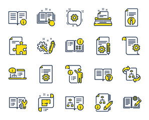 Technical document line icons. Set of Instruction, Plan and Manual icons. Help document, Building plan and Algorithm symbols. Technical blueprint, Engineering instruction, Work tool, building. Vector
