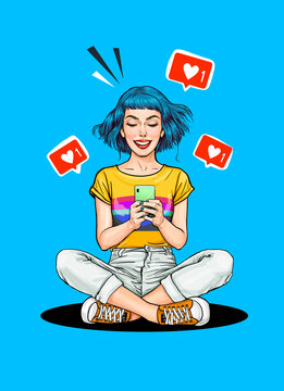 Portrait of nice cute smiling pretty girl  addicted from social media sitting hold cellphone  read notification in Instagram telegram WhatsApp twitter tiktok 