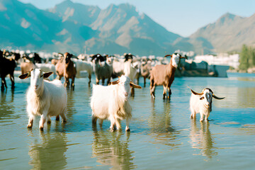 Goats on sea beach generated by AI technology