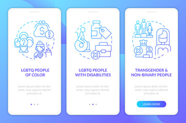 Barriers for different LGBTQ groups blue gradient onboarding mobile app screen. Walkthrough 3 steps graphic instructions with linear concepts. UI, UX, GUI template. Myriad Pro-Bold, Regular fonts used