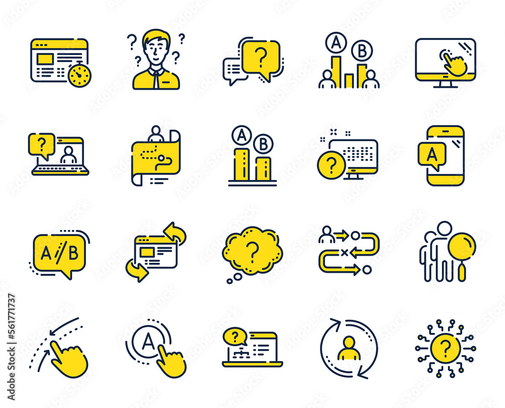 Poster ux line icons. set of ab testing, journey path map and question mark icons. usability quiz test, ux 