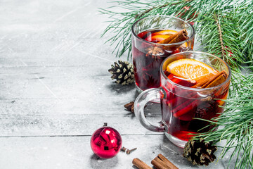 Christmas hot mulled wine with aromatic spices.