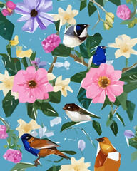 Floral Illustration Background with Bird, Colorful flowers, trees and leaves.