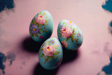 Cute vintage still life with colorful pastel Easter eggs decorated with floral ornaments and appliqués on artistic pink an blue paper background. A moody, atmospheric image. Generative AI