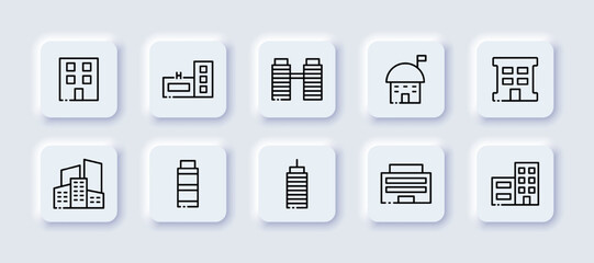 Building neomorphic line icons set. Neomorphism, apartment, construction, room, new building, office, twin towers, building, metropolis, realtor, floor, facade, business. Vector black line icons set