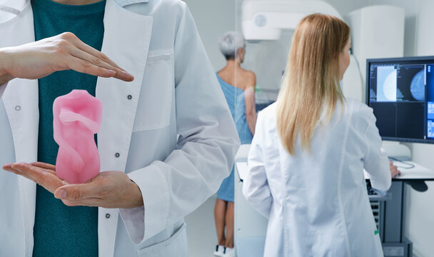 Mammography technologist holding female body wax figure over background mammography procedure for mature woman at radiology room. Female breast health concept