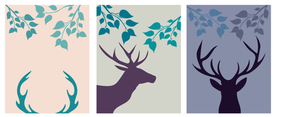 Collection of simple modern abstractions: deer silhouettes under tree branches on a colored background