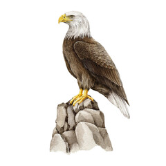 Bald eagle bird perched on the stones. Watercolor illustration. Hand drawn realistic North America avian.  Wildlife nature beautiful bird. Bald eagle single element .