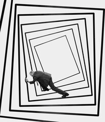 Contemporary art collage. Creative design. Holographic labyrinth. Man pushing hypnotic blocks symbolizing working circulation. Surreal artwork. monochrome.
