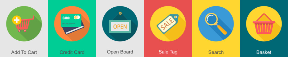 A set of 6 shopping icons as add to cart, credit card, open board