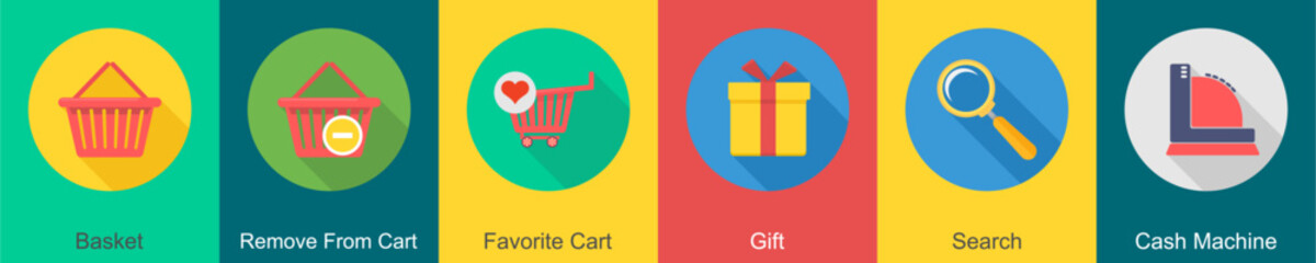 A set of 6 shopping icons as basket, remove from cart, favorite cart