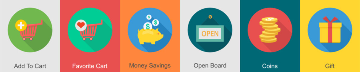 A set of 6 shopping icons as add to cart, favorite cart, money savings