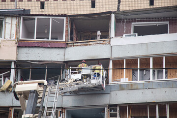 A house blown up by a Russian rocket in the city of Dnipro on Pobeda Street in Ukraine, War in Ukraine, a rocket attack on civilians in their homes 2023