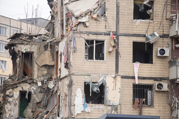 A house blown up by a Russian rocket in the city of Dnipro on Pobeda Street in Ukraine, War in Ukraine, a rocket attack on civilians in their homes 2023