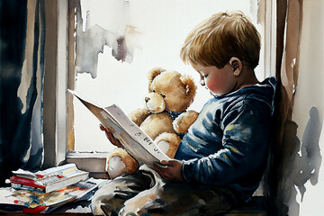Little boy reading a picture book to his teddy bear friend, which is a cute adorable child watercolour painting sketch, computer Generative AI stock illustration - obrazy, fototapety, plakaty