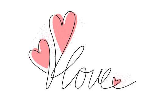 The inscription love with pink hearts, drawn with a black line.Congratulations on Mother's Day, Women's Day.happy Valentine's day.Vector illustration.