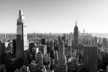 New York City aerial skyline of the skyscrapers of Midtown Manhattan (Black and White)