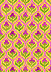 Ogee seamless pattern drawn with gouache. Handwork with paints on paper. Print for textiles, packaging.
