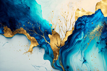 Watercolor background drawn by brush. Blue paints spilled on paper. Golden shiny veins and cracked marble texture. Generative AI
