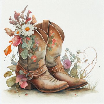 old pair of cowgirl boots cowboy watercolor still life bouquet of wildflowers flowers, generative ai