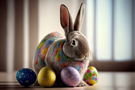 Easter bunny with colourful easter eggs, ai generated image