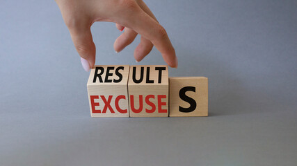 Results Excuses symbol. Businessman Hand turns cubes and changes word Excuses to Results. Beautiful grey background. Business and Results Excuses concept. Copy space