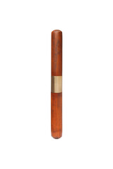 Detailed shot of a wooden handle knife for splitting pu-erh. The knife for pu-erh is made out of stainless steel and wood. The designer pu-erh knife with sheath is located on the white background.