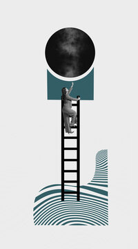 Contemporary art collage. Creative design. Young woman, employee climbing upwards the stairs, reaching professional growth. Surreal artwork. monochrome