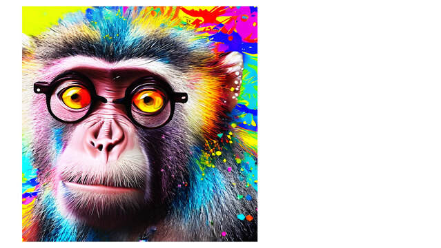 Ein kribbelbunter Affe blickt mit Brille. Ai