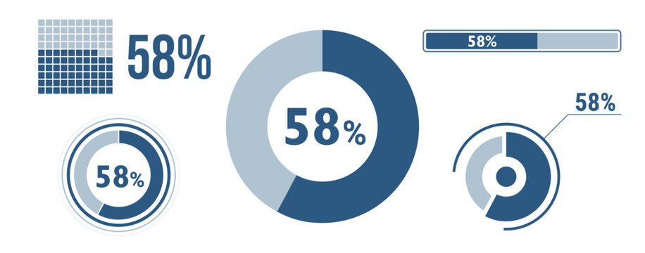 58% percentage infographic set. Fifty-eight circle diagram, piedonut chart, progress bar. 58 percent loading data icon. Vector concept collection.