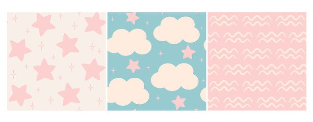 Cute lovely pastel pink and blue hand drawn set of seamless vector pattern background illustration with stars and clouds for kids, baby shower and others