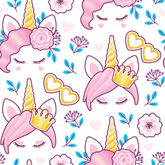 Seamless pattern with cute unicorn and flowers