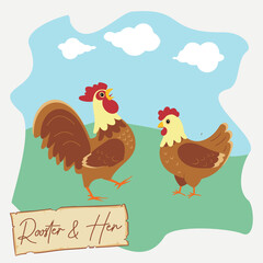 Rooster and hen vector illustration