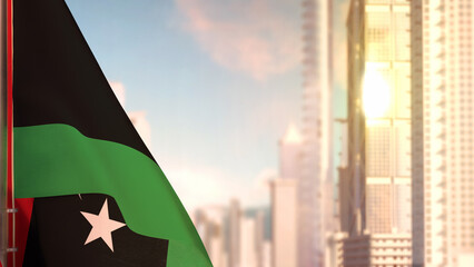 flag of Libya on city skyscrapers buildings vanilla sunset background for any holiday - abstract 3D rendering - obrazy, fototapety, plakaty