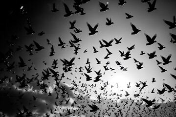 Many pigeons birds flying in the sky. Black and white. Generative AI