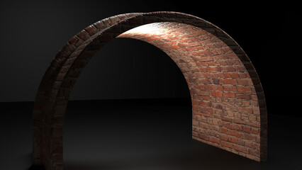 Brick arch pathway. Tunnel shaped. Night light setting. Black background. 3d render