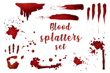 Blood splatters in cartoon style set isolated elements. Bundle of red paint drops, spray and splashes imitating blood, bleeding cut marks and bloody palm print. Illustration in flat design
