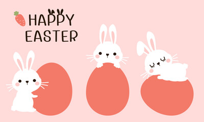 Obraz na płótnie Canvas Set of Easter eggs with rabbit bunny cartoons and hand written fonts on pink background vector.