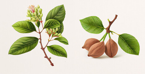 Baheda (Terminalia Bellerica). Botanical illustration on white paper. The best medicinal plants, their effects and contraindications. Natural medicine. Plant properties.