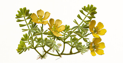 Gokhur (Tribulus Terrestris). Botanical illustration on white paper. The best medicinal plants, their effects and contraindications. Natural medicine. Plant properties.