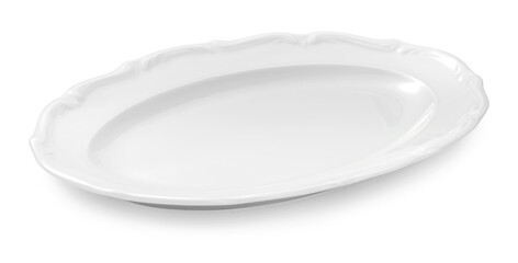 White porcelain plate isolated. Oval plate on white.