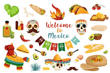 Welcome to Mexico in cartoon style set isolated elements. Bundle of cactus, bones, burrito, chili pepper, taco, cherry, guacamole, skulls, garland, nachos, other. Illustration in flat design - obrazy, fototapety, plakaty