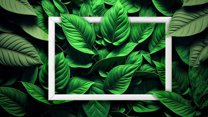 Top view green leaves background with photo frame.  Generative AI.	
