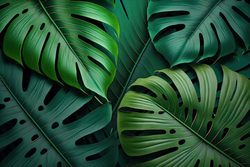 Obraz na płótnie Canvas Close-up of tropical green leaves background. Generative AI. 