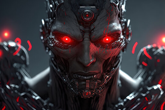 Cyborg with multiple red eyes. Generative AI