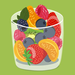 Fruits and berries in a glass. a mixture of blueberries, strawberries, raspberries, blackberries. Kiwi and tangerine slices are mixed with berries. Fruit and berry cocktail. 