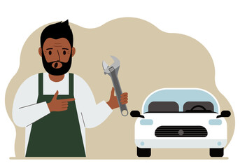 Auto mechanic in a car workshop near a white car. A man holds a wrench in his hand. Car repair concept. Poster, advertisement, banner.